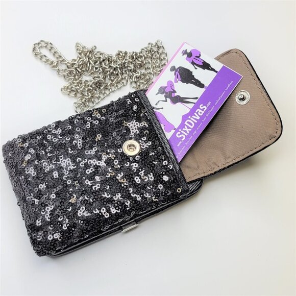Nine West Black Sequin Crossbody Purse Credit Card Purse Evening Bling Wristlet - Picture 2 of 16